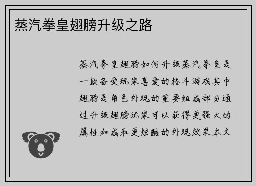 蒸汽拳皇翅膀升级之路