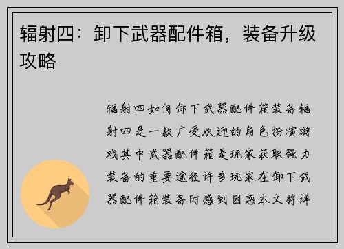 辐射四：卸下武器配件箱，装备升级攻略